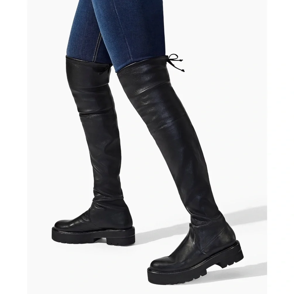 Stuart Weitzman $995 Black Platform Lug Sole Leather Over the Knee Boot NWT 7